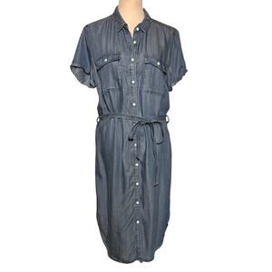 Andrea Jovine Short Sleeve Chambray Midi Belted Modest Button Up Shirt Dress - L
